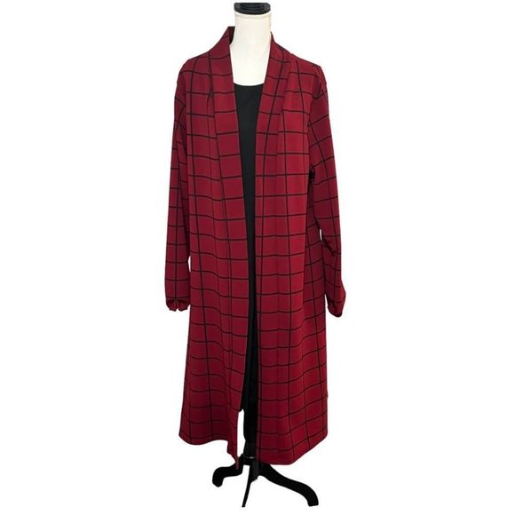 Boohoo red and black windowpane duster size 18 EUC lightweight - Picture 5 of 13